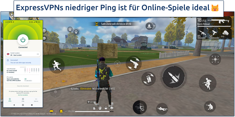 Screenshot of Free Fire gameplay with ExpressVPN connected