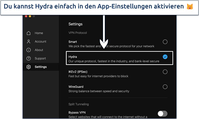 Screenshot showing how to enable Hotspot Shield's Hydra protocol