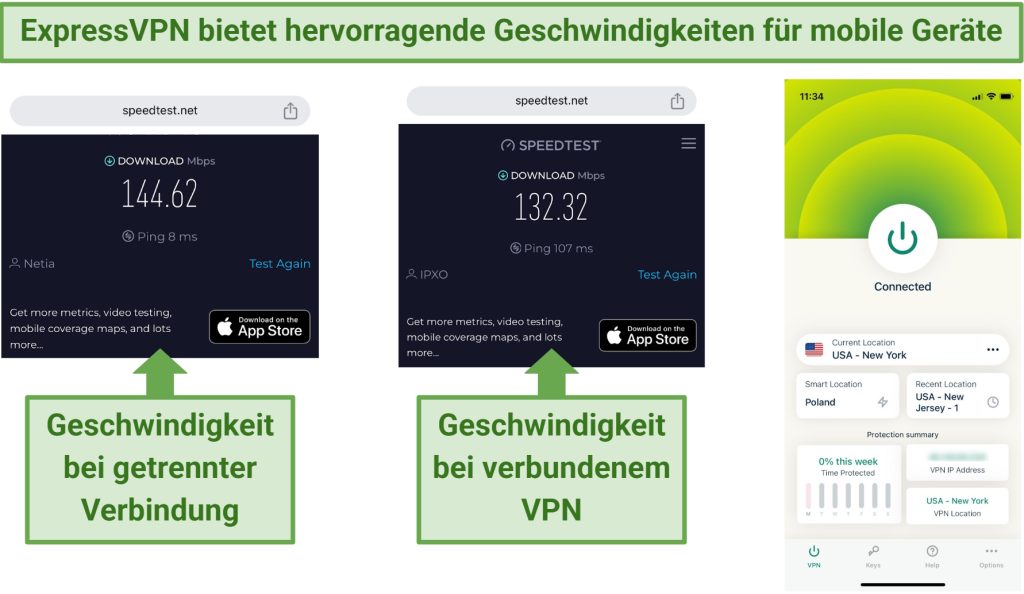 Ein Screenshot der ExpressVPN Geschwindigkeitstest-Ergebnisse für Mobilgeräte