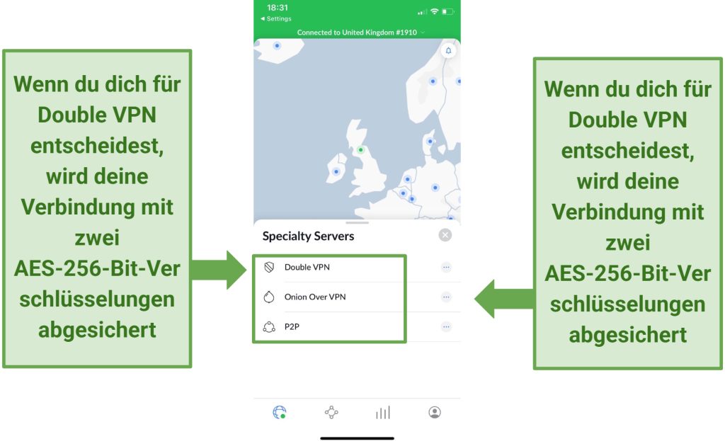 Ein Screenshot der NordVPN iOS-App-Spezialservers