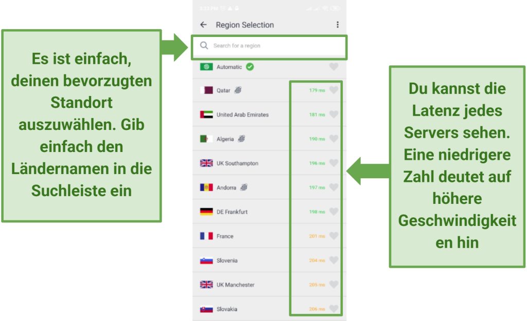 Ein Screenshot der Serverliste der PIA Android-App