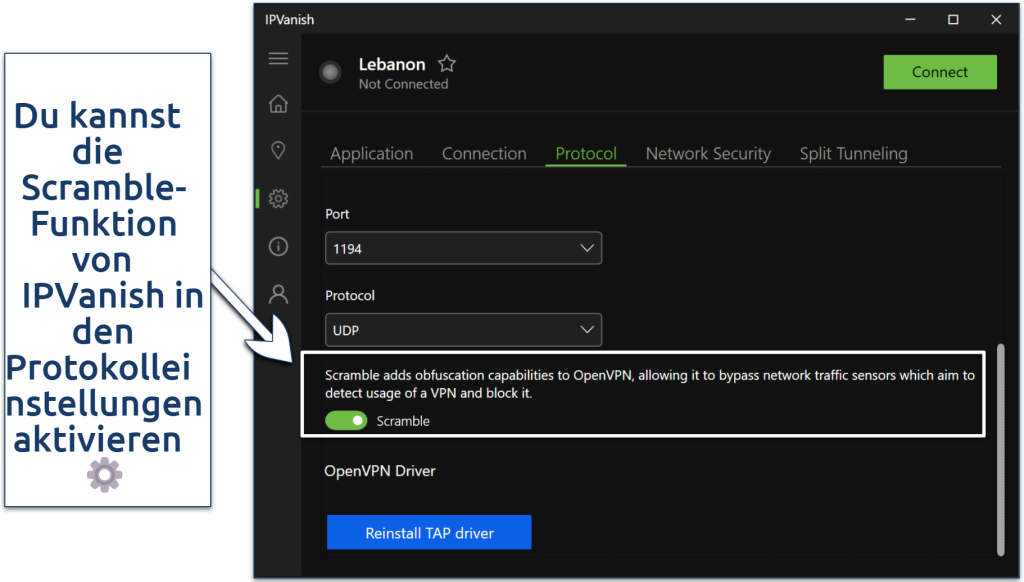 A screenshot showing IPVanish protocol settings page