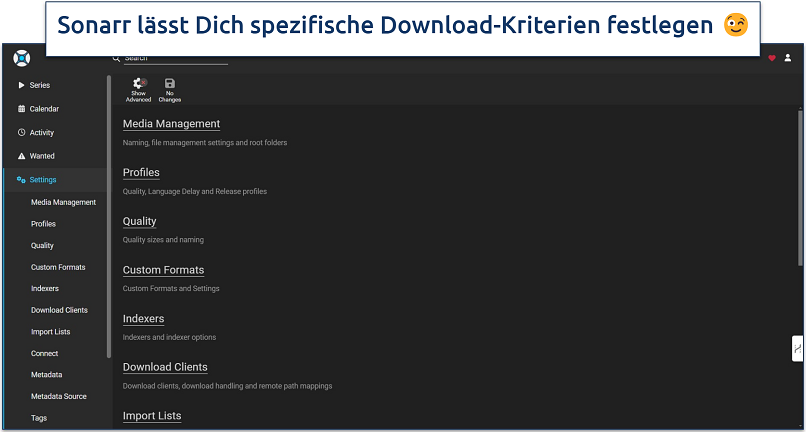 Screenshot der Sonarr-Einstellungen