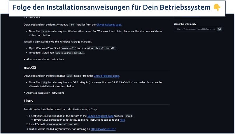 Screenshot der Installationsanleitung von Tautulli für Windows, macOS und Linux