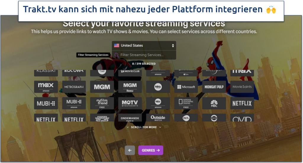 Screenshot der Trakt.tv-Oberfläche mit der Option, Streaming-Dienste auszuwählen