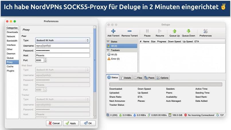 Screenshot showing how to configure NordVPN's SOCKS5 proxy to Deluge
