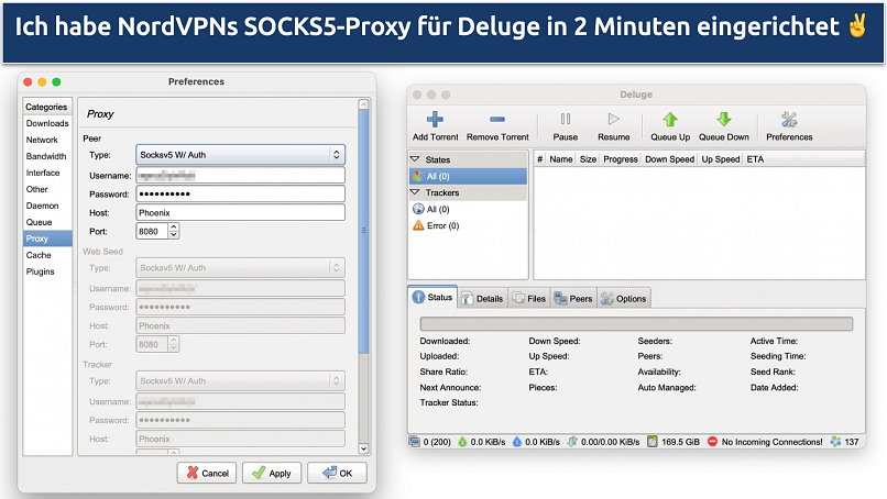 Screenshot showing how to configure NordVPN's SOCKS5 proxy to Deluge