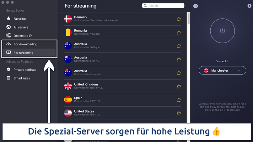 Screenshot showing CyberGhost's specialty servers