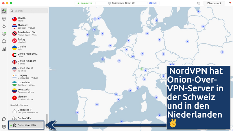 Screenshot showing NordVPN's Onion Over VPN servers