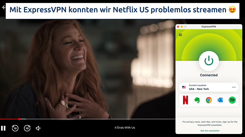 Screenshot showing the ExpressVPN app connected to a US server over Netflix streaming on a browser