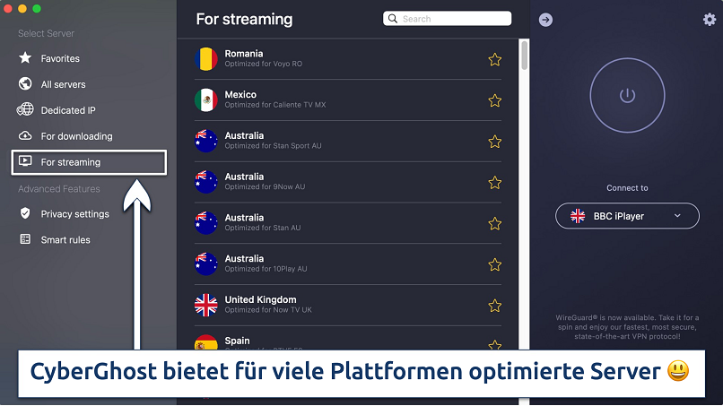 Screenshot showing For streaming servers on CyberGhost