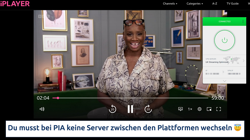 Screenshot of the PIA app over a browser streaming BBC iPlayer