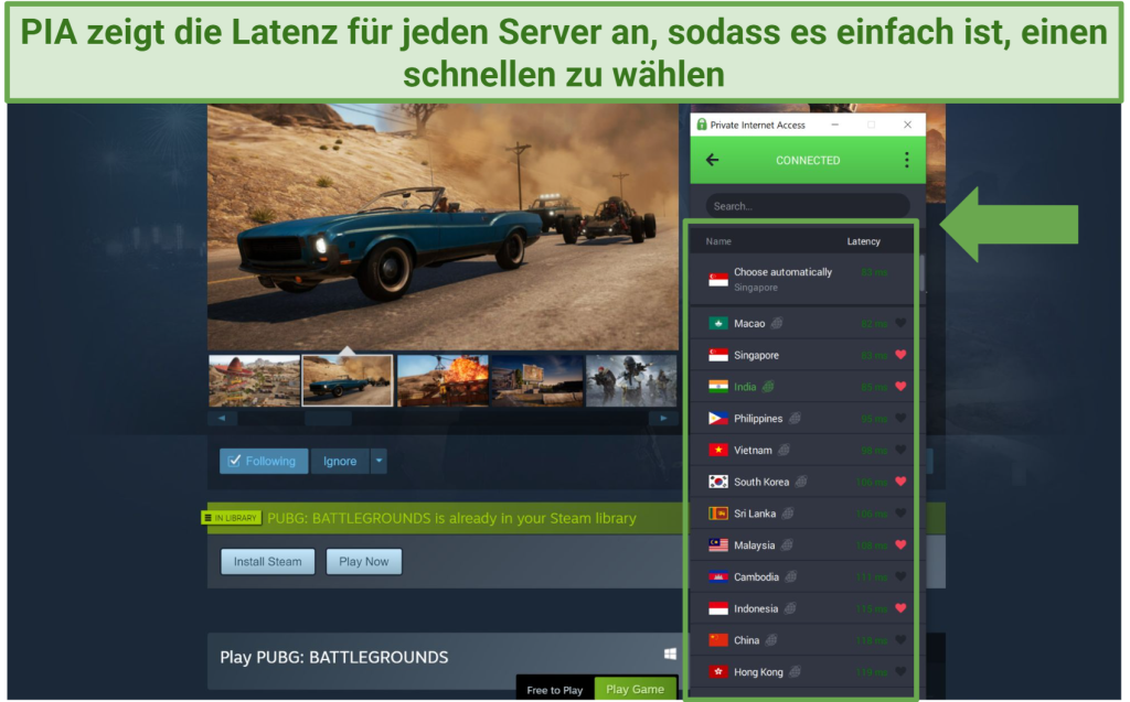 Screenshot der Windows-App von PIA, die die Serverliste anzeigt, während die Steam-Seite von PUBG im Hintergrund geöffnet ist.