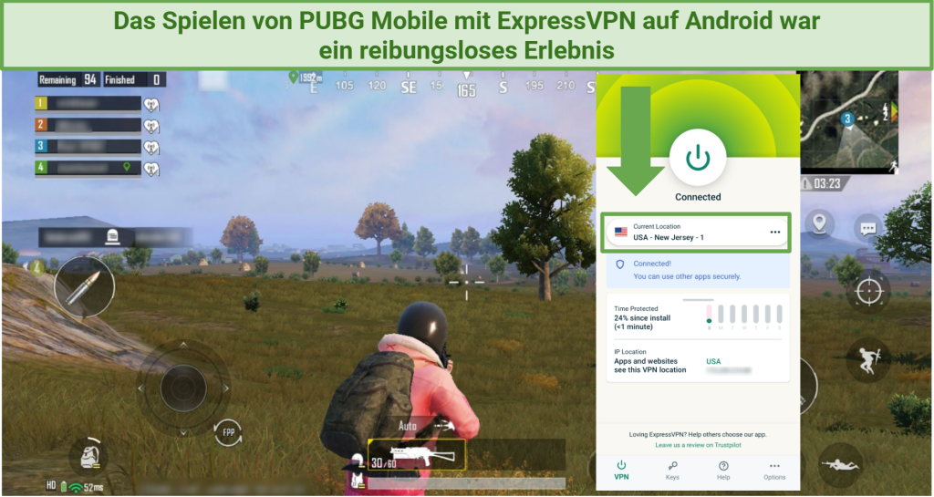 Screenshot des PUBG Mobile mit ExpressVPN Android-App verbunden mit Server in New Jersey.