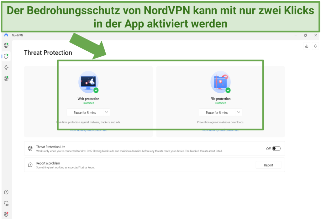 Screenshot der NordVPN-Windows-App mit geöffnetem Einstellungsmenü und aktiviertem Bedrohungsschutz.