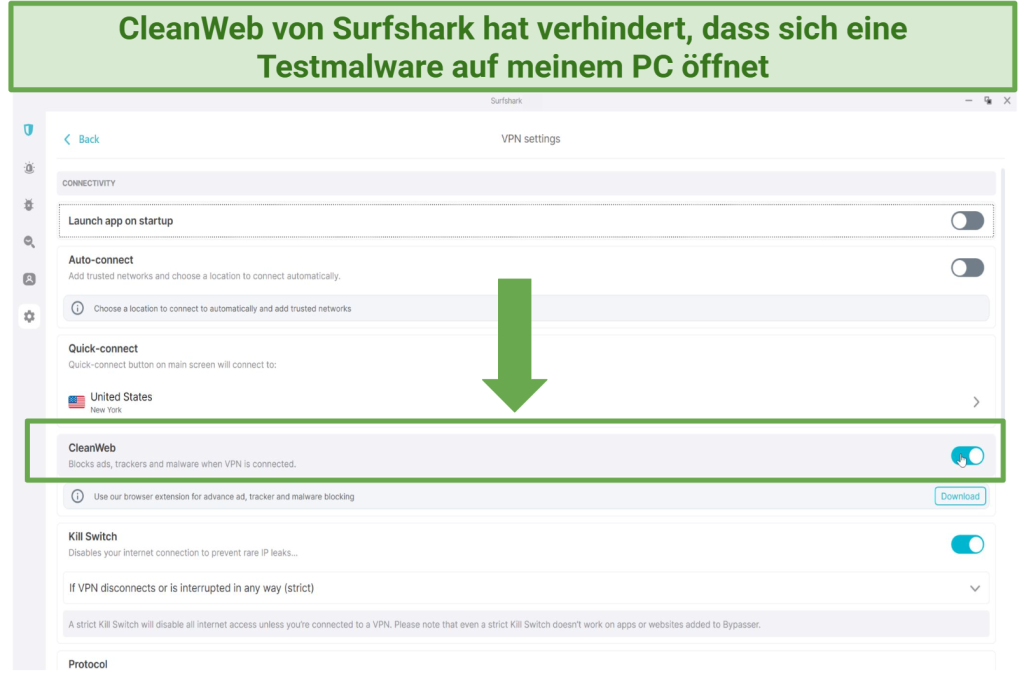 Screenshot des Einstellungsmenüs der Surfshark Windows-App mit Clear Web.