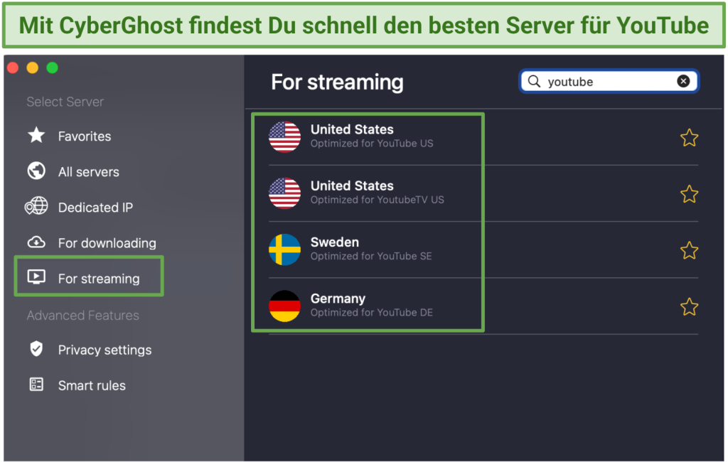 A screenshot of CyberGhost optimized servers for streaming