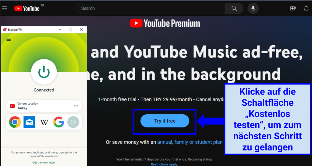 A screenshot of the YouTube Premium Turkey homepage