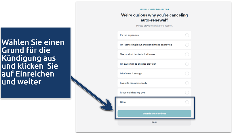 Screenshot, der Gründe für die Kündigung von Surfshark zeigt