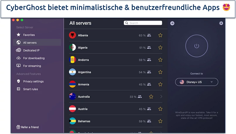 Screenshot of CyberGhost's Mac app
