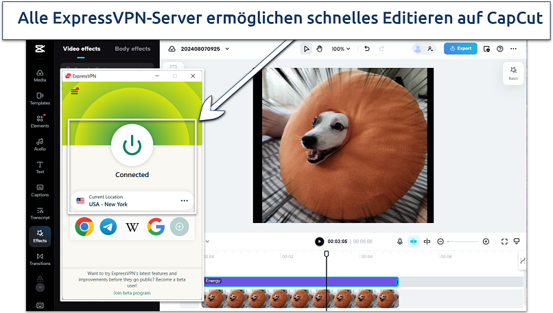 Screenshot showing CapCut working with ExpressVPN