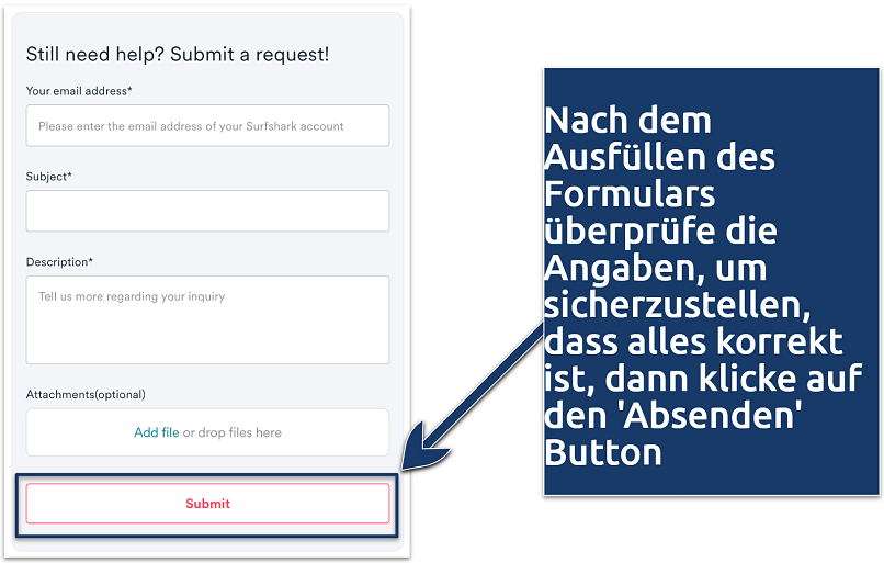 Screenshot der Einreichung einer Anfrage auf der Surfshark-Seite