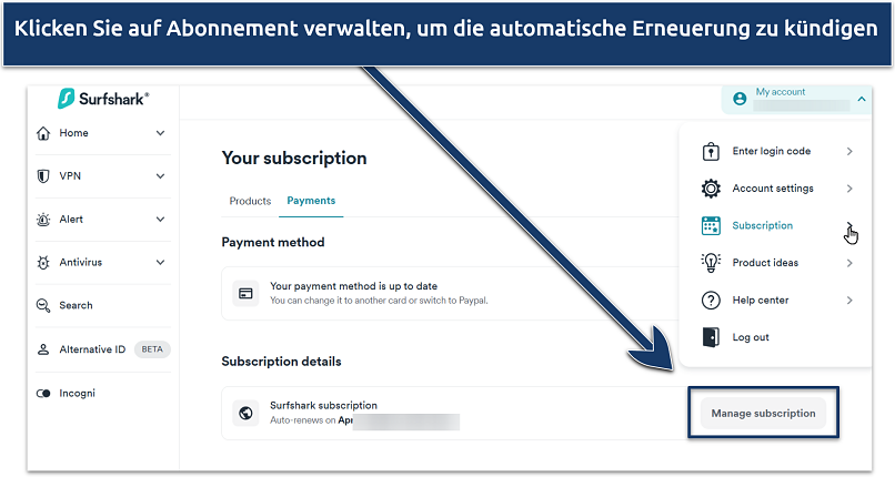 Screenshot, der zeigt, wie man das Surfshark-Abonnement auf einer Webseite kündigt
