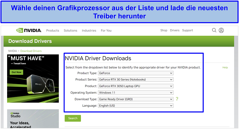 Screenshot of NVIDIA's drivers page