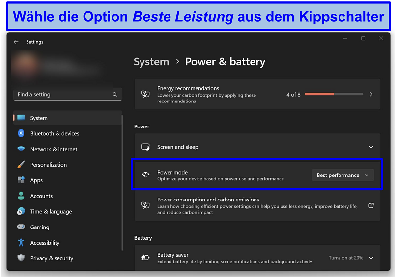 Screenshot of Windows Power & Battery Settings