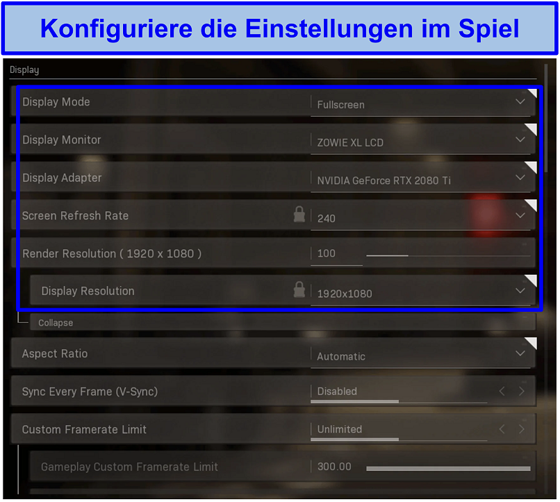 Screenshot of the Warzone settings