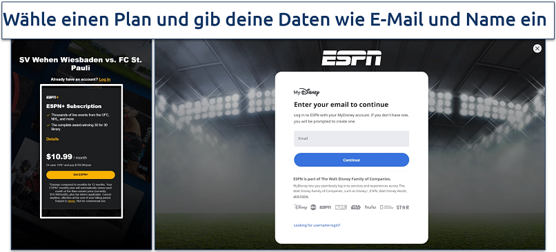 Screenshot of ESPN+ plan and account creation page