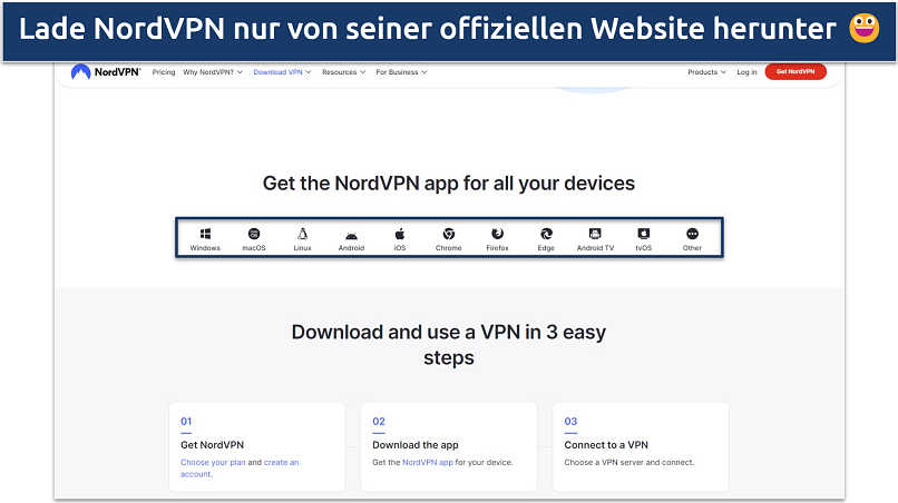 Screenshot of NordVPN's download page on the website