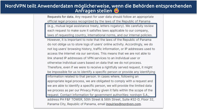 Screenshot of NordVPN's privacy policy showing it may share user data is requested