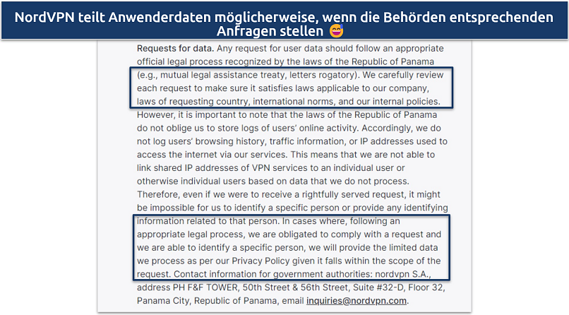 Screenshot of NordVPN's privacy policy showing it may share user data is requested