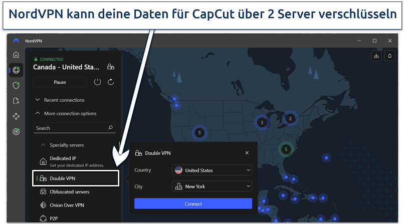 Screenshot showing NordVPN map with DoubleVPN servers