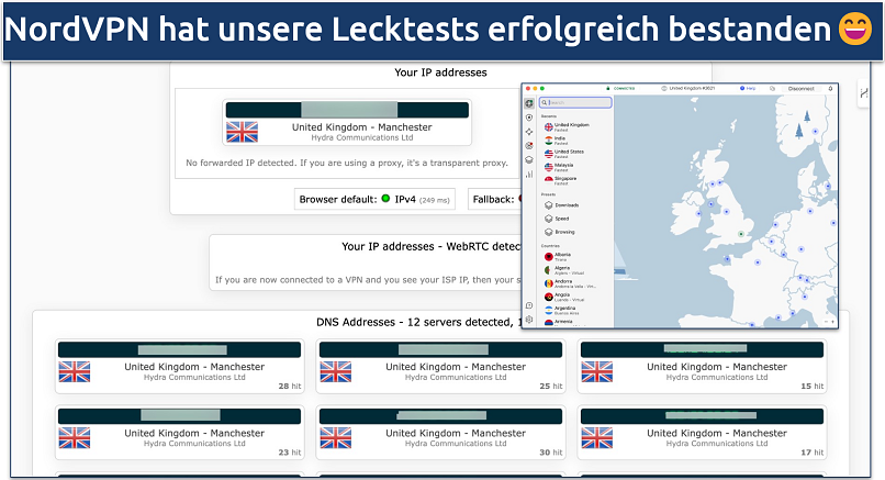 Screenshot of NordVPN's leak protection test