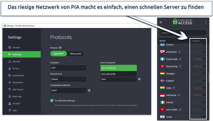 Screenshot showing PIA server list and encryption options