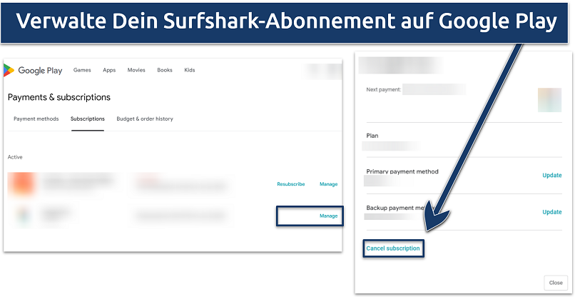 Screenshots, die zeigen, wie man Pläne auf Google kündigt
