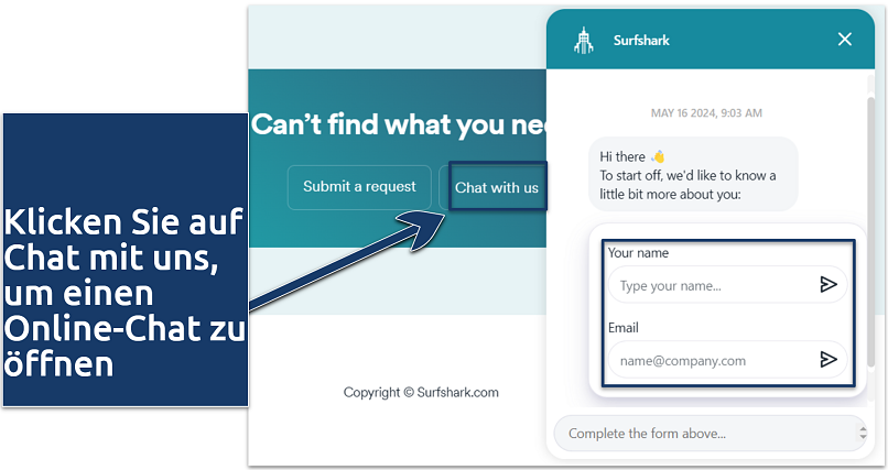 Screenshot, der den 24/7-Live-Chat von Surfshark zeigt