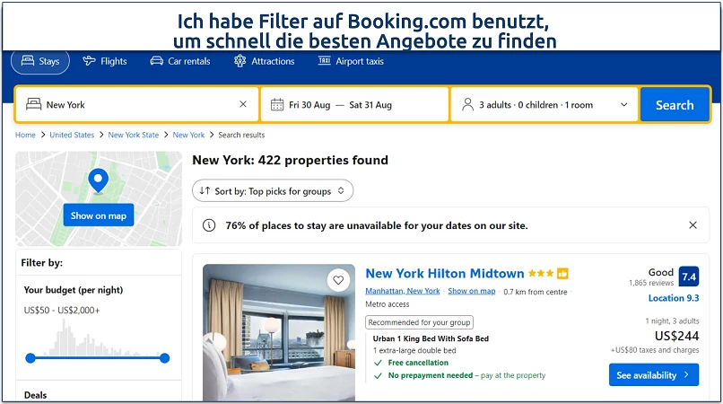 A screenshot showing Booking.com home along with filter options for easily searching for a hotel, flight, or car