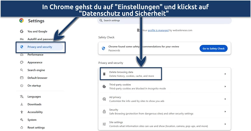 A screenshot showing how to clear cookies and cache in Chrome