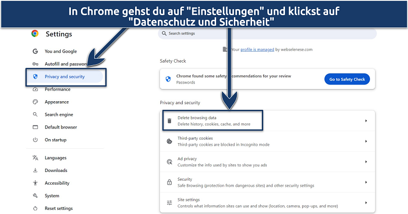 A screenshot showing how to clear cookies and cache in Chrome