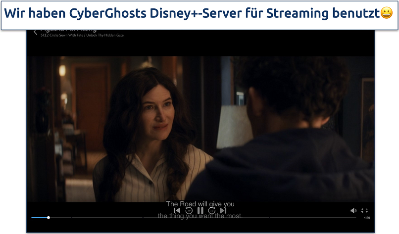 Screenshot of Disney+ streaming with CyberGhost connected