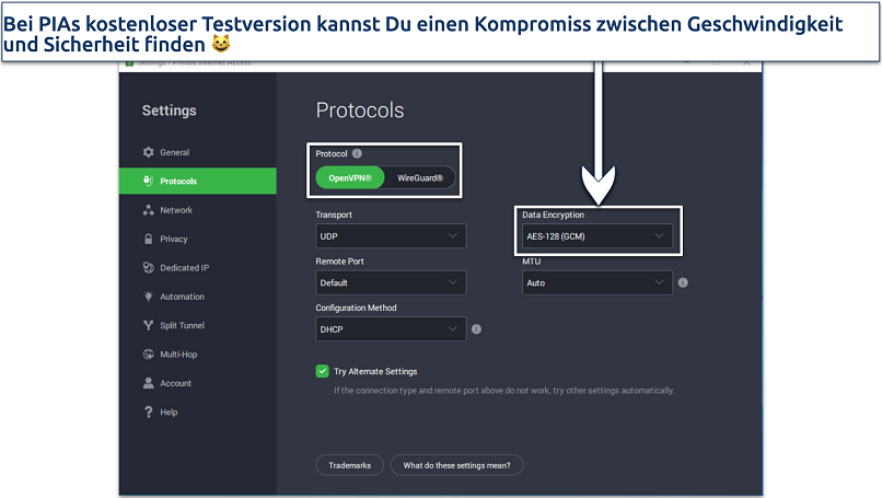 Screenshot of PIA's Windows app showing customizable features