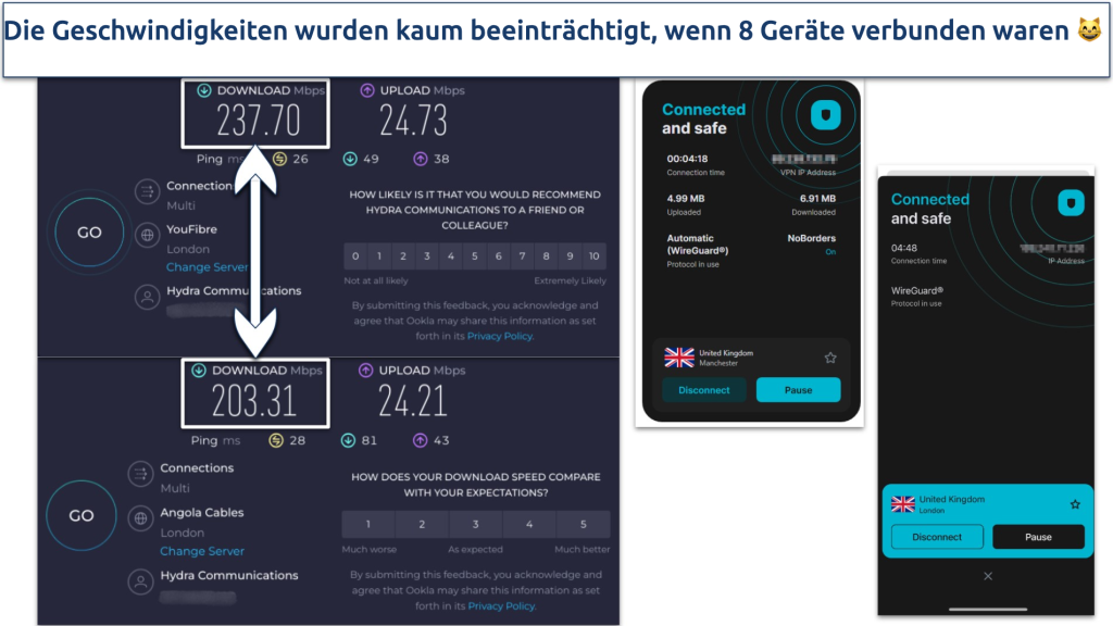 Screenshot of speed test results showing Surfshark's performance with multiple devices connected