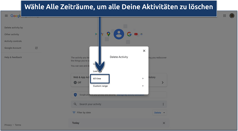 Screenshot der Löschungsoptionen für Google Meine Aktivitäten