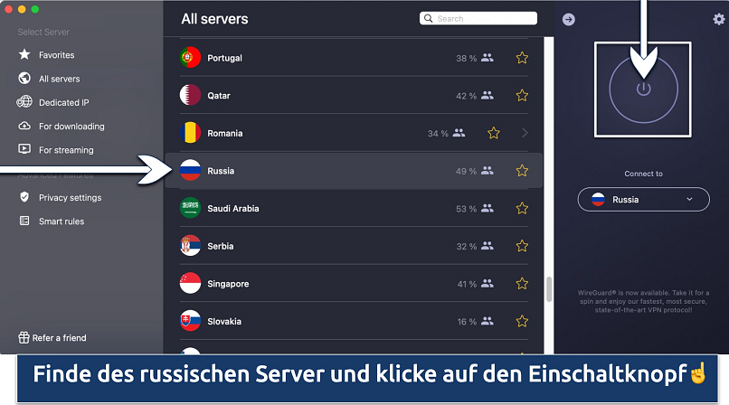 Screenshot showing the CyberGhost server list