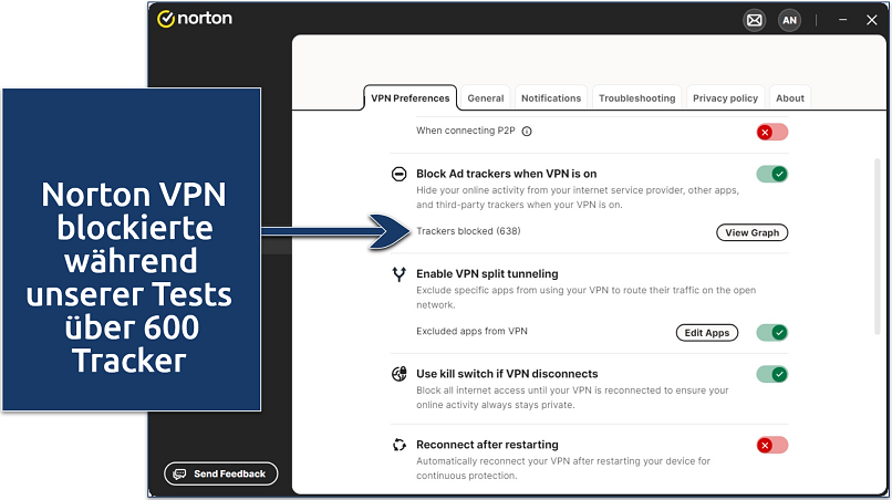 Screenshot der Norton VPN-Einstellungen 