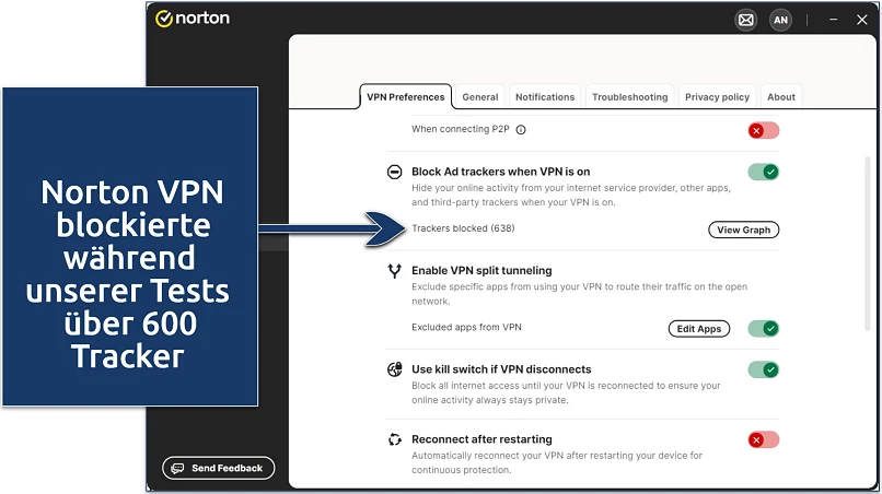 Screenshot der Norton VPN-Einstellungen 