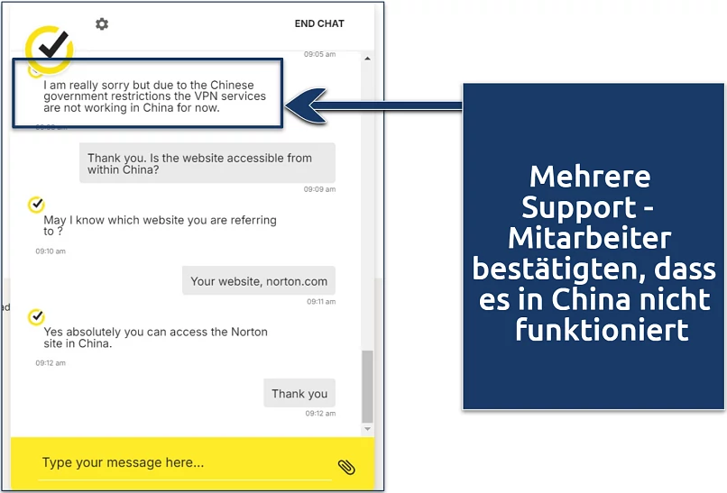 Screenshot eines Gesprächs mit dem Norton VPN-Kundensupport über die VPN-Nutzung in China